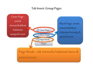 Tab Insert: Group Pages
Cover Page :
untuk
menambahkan
halaman
sampul/cover
BlankPage: untuk
menambahkan
halamankosong di
posisi kursor
Page Break : utk memulai halamanbarudi
posisikursor
 