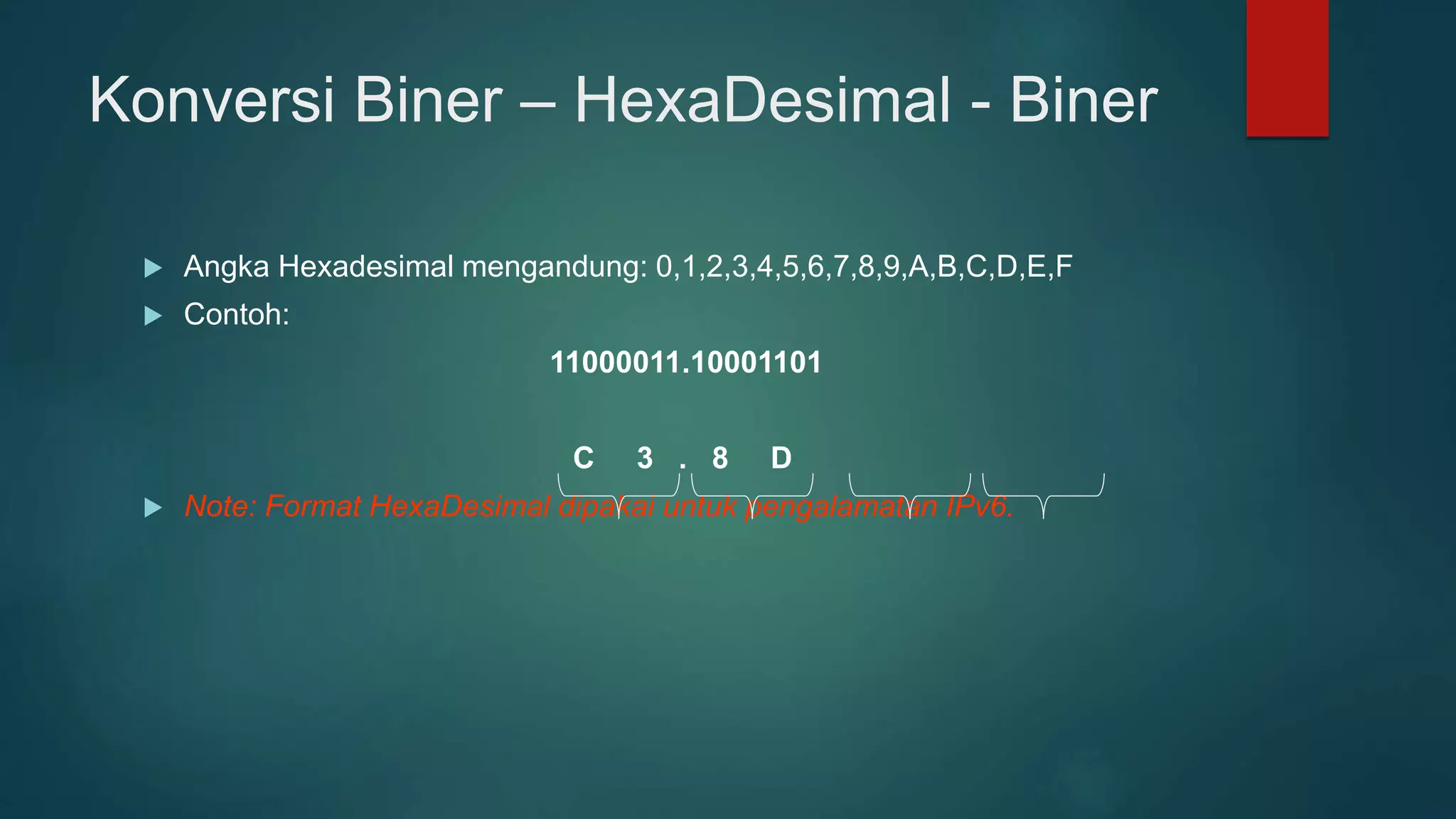 Konversi Biner – HexaDesimal - Biner
 Angka Hexadesimal mengandung: 0,1,2,3,4,5,6,7,8,9,A,B,C,D,E,F
 Contoh:
11000011.10001101
C 3 . 8 D
 Note: Format HexaDesimal dipakai untuk pengalamatan IPv6.
 