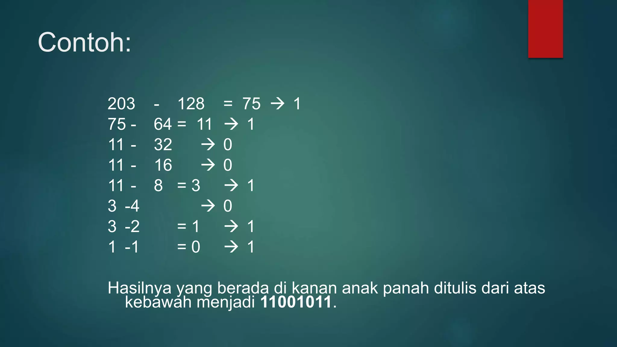 Contoh:
203 - 128 = 75  1
75 - 64 = 11  1
11 - 32  0
11 - 16  0
11 - 8 = 3  1
3 -4  0
3 -2 = 1  1
1 -1 = 0  1
Hasilnya yang berada di kanan anak panah ditulis dari atas
kebawah menjadi 11001011.
 