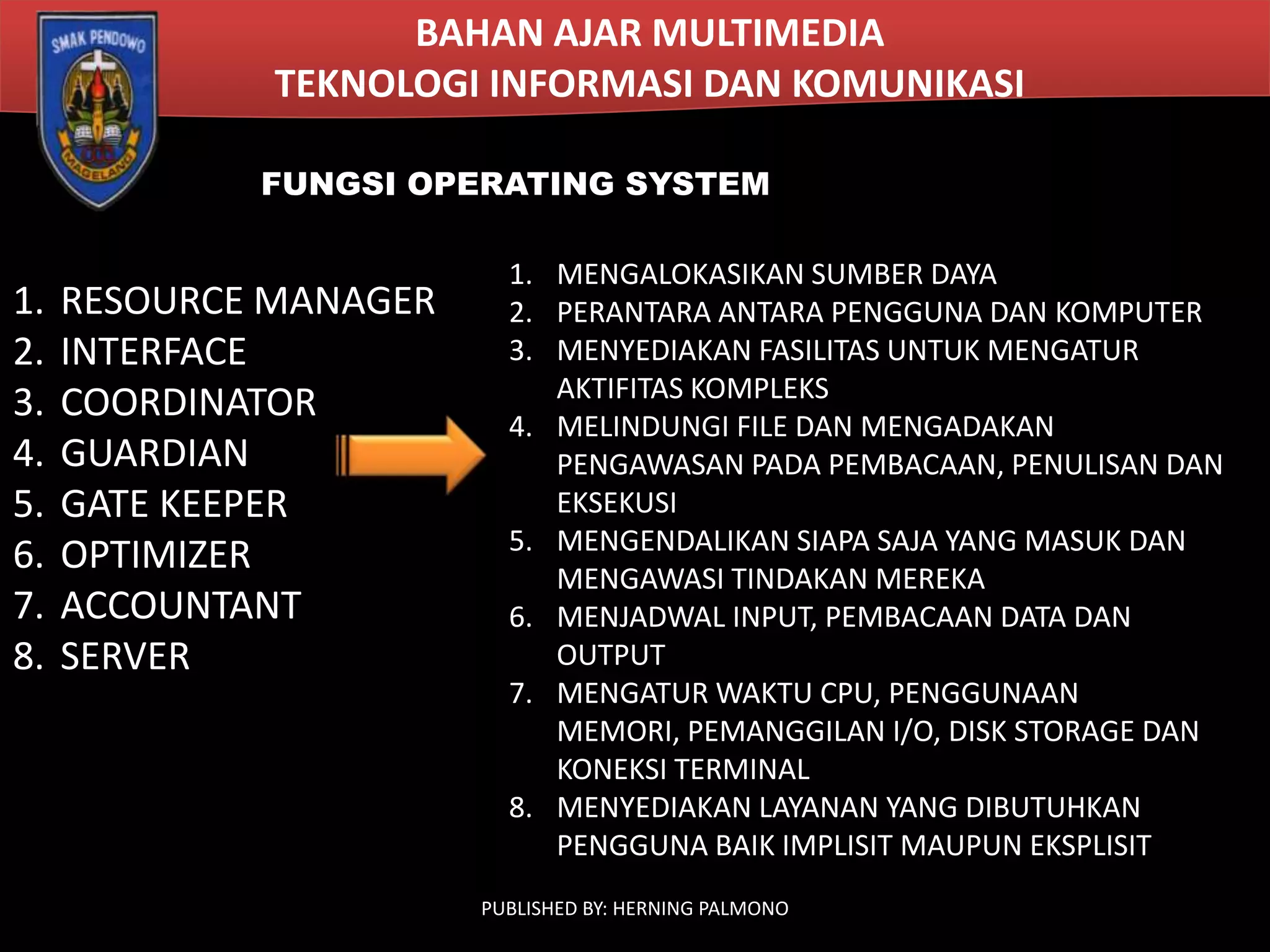 BAHAN AJAR MULTIMEDIA
TEKNOLOGI INFORMASI DAN KOMUNIKASI
FUNGSI OPERATING SYSTEM

1.
2.
3.
4.
5.
6.
7.
8.

RESOURCE MANAGER
INTERFACE
COORDINATOR
GUARDIAN
GATE KEEPER
OPTIMIZER
ACCOUNTANT
SERVER

1. MENGALOKASIKAN SUMBER DAYA
2. PERANTARA ANTARA PENGGUNA DAN KOMPUTER
3. MENYEDIAKAN FASILITAS UNTUK MENGATUR
AKTIFITAS KOMPLEKS
4. MELINDUNGI FILE DAN MENGADAKAN
PENGAWASAN PADA PEMBACAAN, PENULISAN DAN
EKSEKUSI
5. MENGENDALIKAN SIAPA SAJA YANG MASUK DAN
MENGAWASI TINDAKAN MEREKA
6. MENJADWAL INPUT, PEMBACAAN DATA DAN
OUTPUT
7. MENGATUR WAKTU CPU, PENGGUNAAN
MEMORI, PEMANGGILAN I/O, DISK STORAGE DAN
KONEKSI TERMINAL
8. MENYEDIAKAN LAYANAN YANG DIBUTUHKAN
PENGGUNA BAIK IMPLISIT MAUPUN EKSPLISIT
PUBLISHED BY: HERNING PALMONO

 