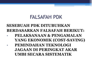 FALSAFAH PDK 
SESEBUAH PDK DITUBUHKAN 
BERDASARKAN FALSAFAH BERIKUT: 
• PELAKSANAAN & PENGAMALAN 
YANG EKONOMIK (COST-SAVING) 
• PEMINDAHAN TEKNOLOGI 
JAGAAN DI PERINGKAT AKAR 
UMBI SECARA SISTEMATIK 
 