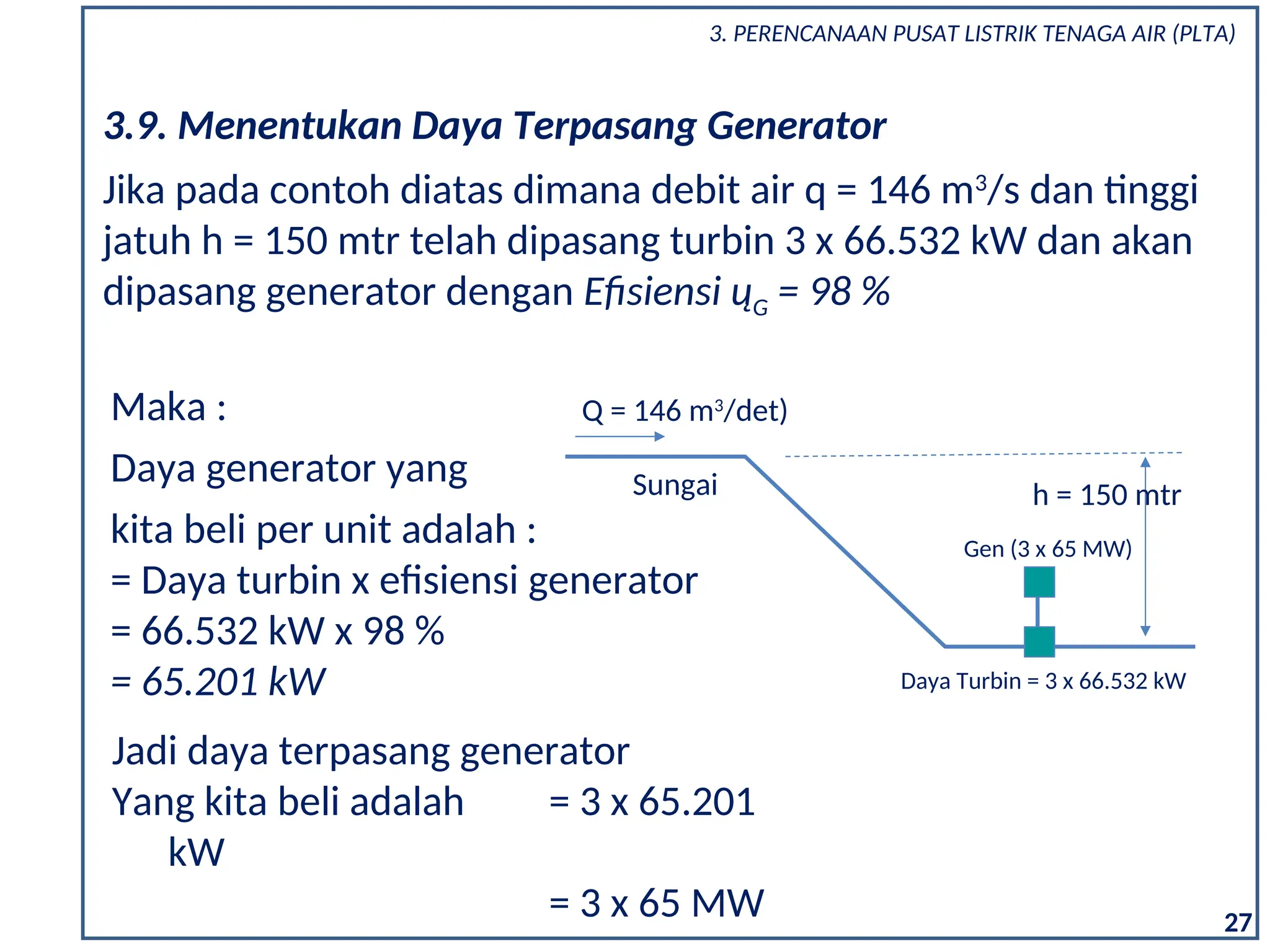 Maka :
Daya generator yang
kita beli per unit adalah :
= Daya turbin x efisiensi generator
= 66.532 kW x 98 %
= 65.201 kW
Jadi daya terpasang generator
Yang kita beli adalah = 3 x 65.201
kW
= 3 x 65 MW 27
Jika pada contoh diatas dimana debit air q = 146 m3
/s dan tinggi
jatuh h = 150 mtr telah dipasang turbin 3 x 66.532 kW dan akan
dipasang generator dengan Efisiensi ųG = 98 %
3.9. Menentukan Daya Terpasang Generator
h = 150 mtr
Q = 146 m3
/det)
Sungai
Gen (3 x 65 MW)
Daya Turbin = 3 x 66.532 kW
3. PERENCANAAN PUSAT LISTRIK TENAGA AIR (PLTA)
 