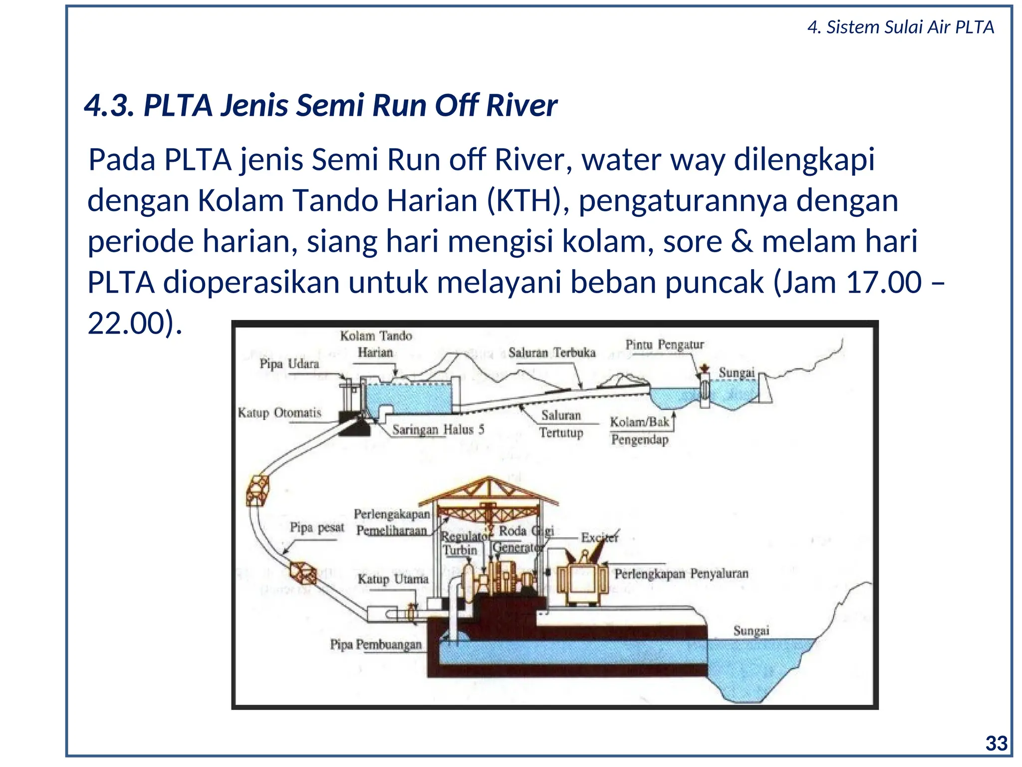 33
4.3. PLTA Jenis Semi Run Off River
Pada PLTA jenis Semi Run off River, water way dilengkapi
dengan Kolam Tando Harian (KTH), pengaturannya dengan
periode harian, siang hari mengisi kolam, sore & melam hari
PLTA dioperasikan untuk melayani beban puncak (Jam 17.00 –
22.00).
4. Sistem Sulai Air PLTA
 