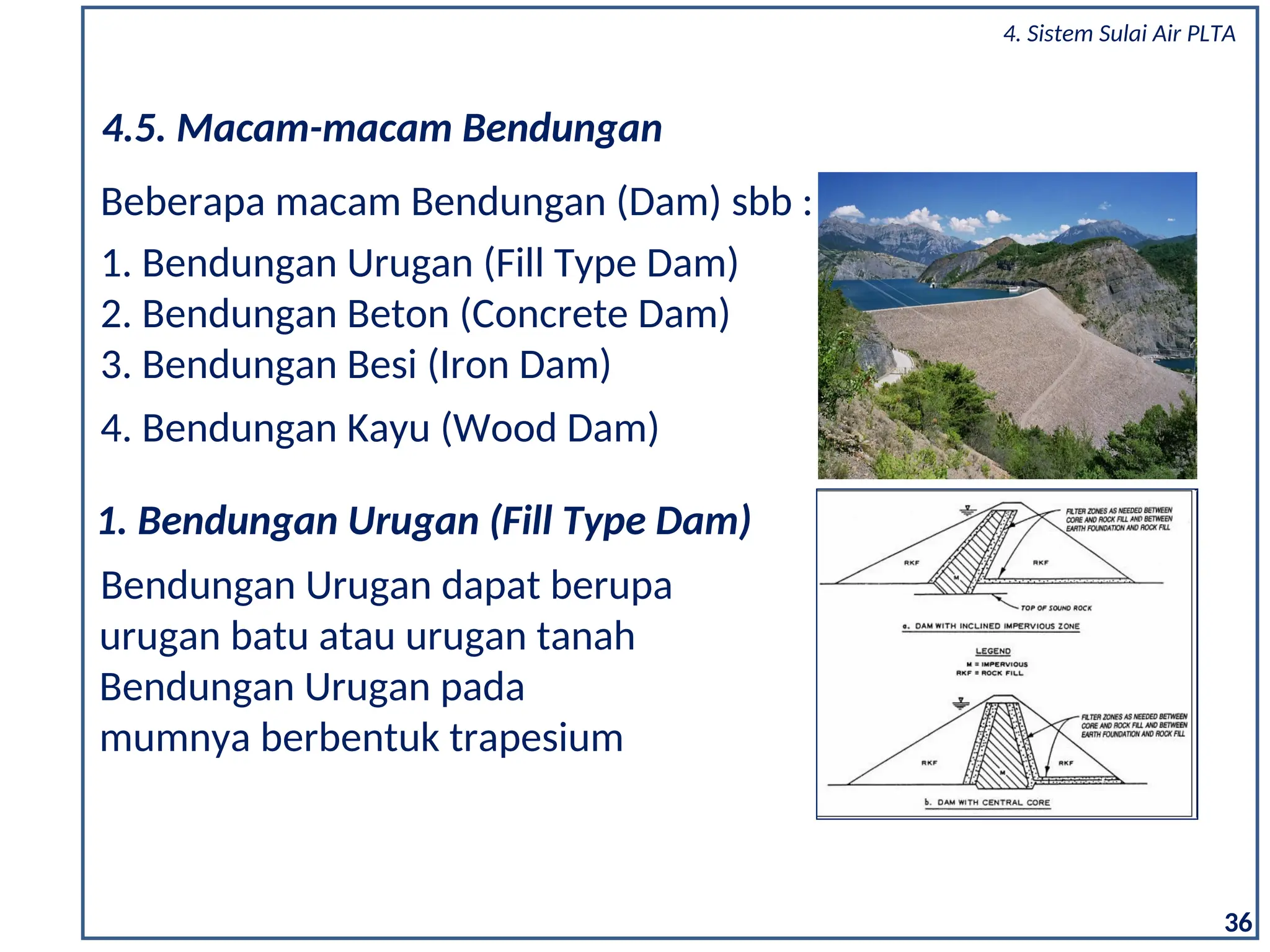 36
1. Bendungan Urugan (Fill Type Dam)
Bendungan Urugan dapat berupa
urugan batu atau urugan tanah
Bendungan Urugan pada
mumnya berbentuk trapesium
Beberapa macam Bendungan (Dam) sbb :
1. Bendungan Urugan (Fill Type Dam)
2. Bendungan Beton (Concrete Dam)
3. Bendungan Besi (Iron Dam)
4. Bendungan Kayu (Wood Dam)
4.5. Macam-macam Bendungan
4. Sistem Sulai Air PLTA
 