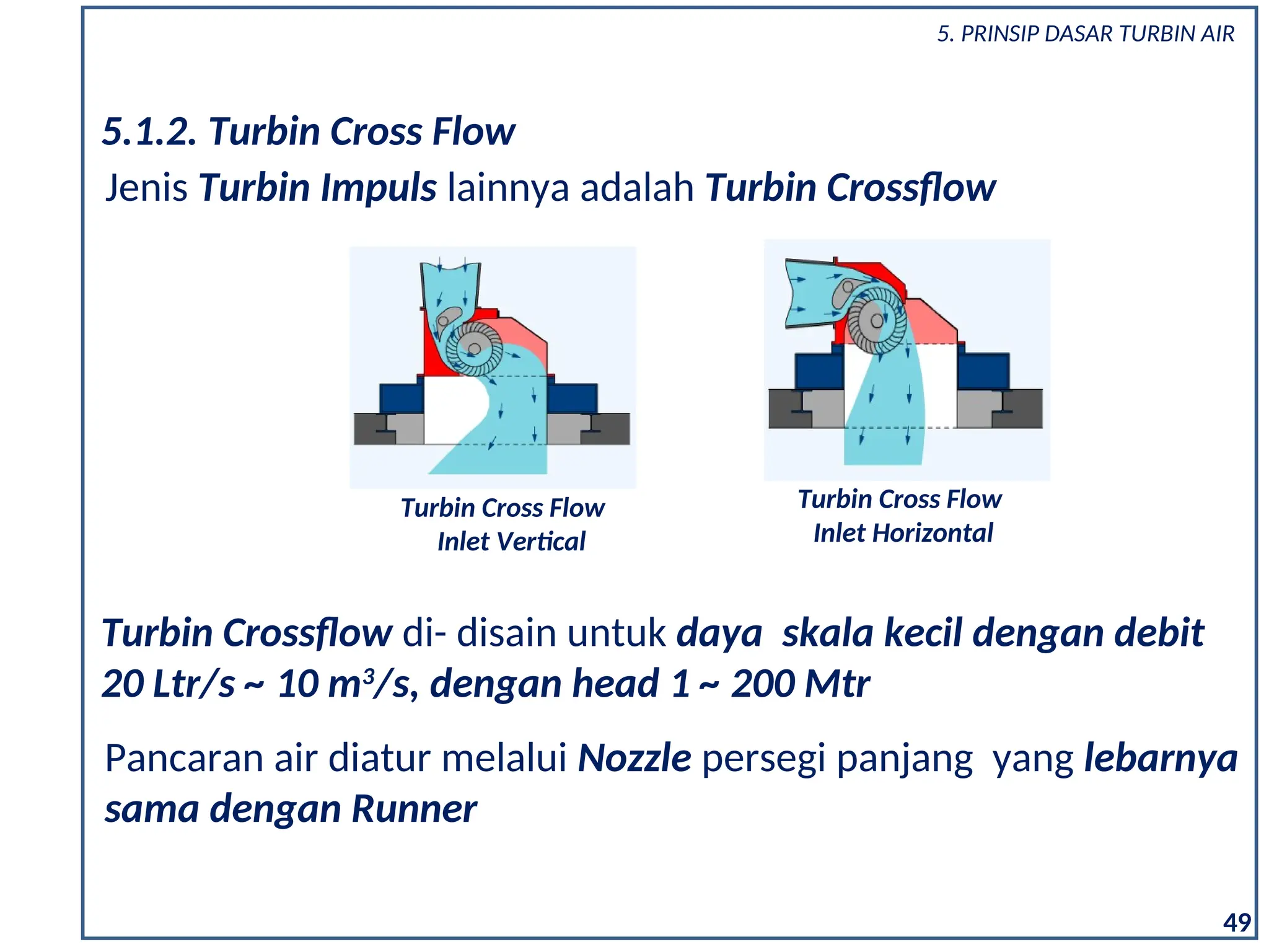 Turbin Crossflow di- disain untuk daya skala kecil dengan debit
20 Ltr/s ~ 10 m3
/s, dengan head 1 ~ 200 Mtr
Jenis Turbin Impuls lainnya adalah Turbin Crossflow
5.1.2. Turbin Cross Flow
Turbin Cross Flow
Inlet Horizontal
Turbin Cross Flow
Inlet Vertical
Pancaran air diatur melalui Nozzle persegi panjang yang lebarnya
sama dengan Runner
49
5. PRINSIP DASAR TURBIN AIR
 