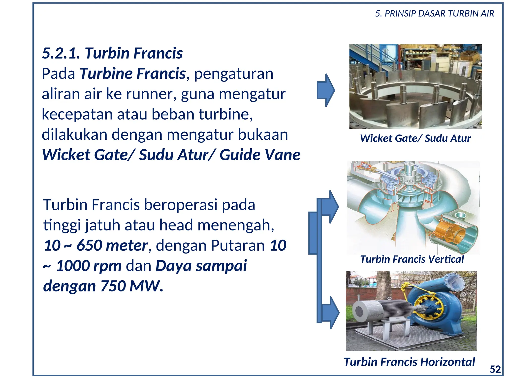 5.2.1. Turbin Francis
Pada Turbine Francis, pengaturan
aliran air ke runner, guna mengatur
kecepatan atau beban turbine,
dilakukan dengan mengatur bukaan
Wicket Gate/ Sudu Atur/ Guide Vane
Wicket Gate/ Sudu Atur
Turbin Francis beroperasi pada
tinggi jatuh atau head menengah,
10 ~ 650 meter, dengan Putaran 10
~ 1000 rpm dan Daya sampai
dengan 750 MW.
Turbin Francis Vertical
Turbin Francis Horizontal
52
5. PRINSIP DASAR TURBIN AIR
 