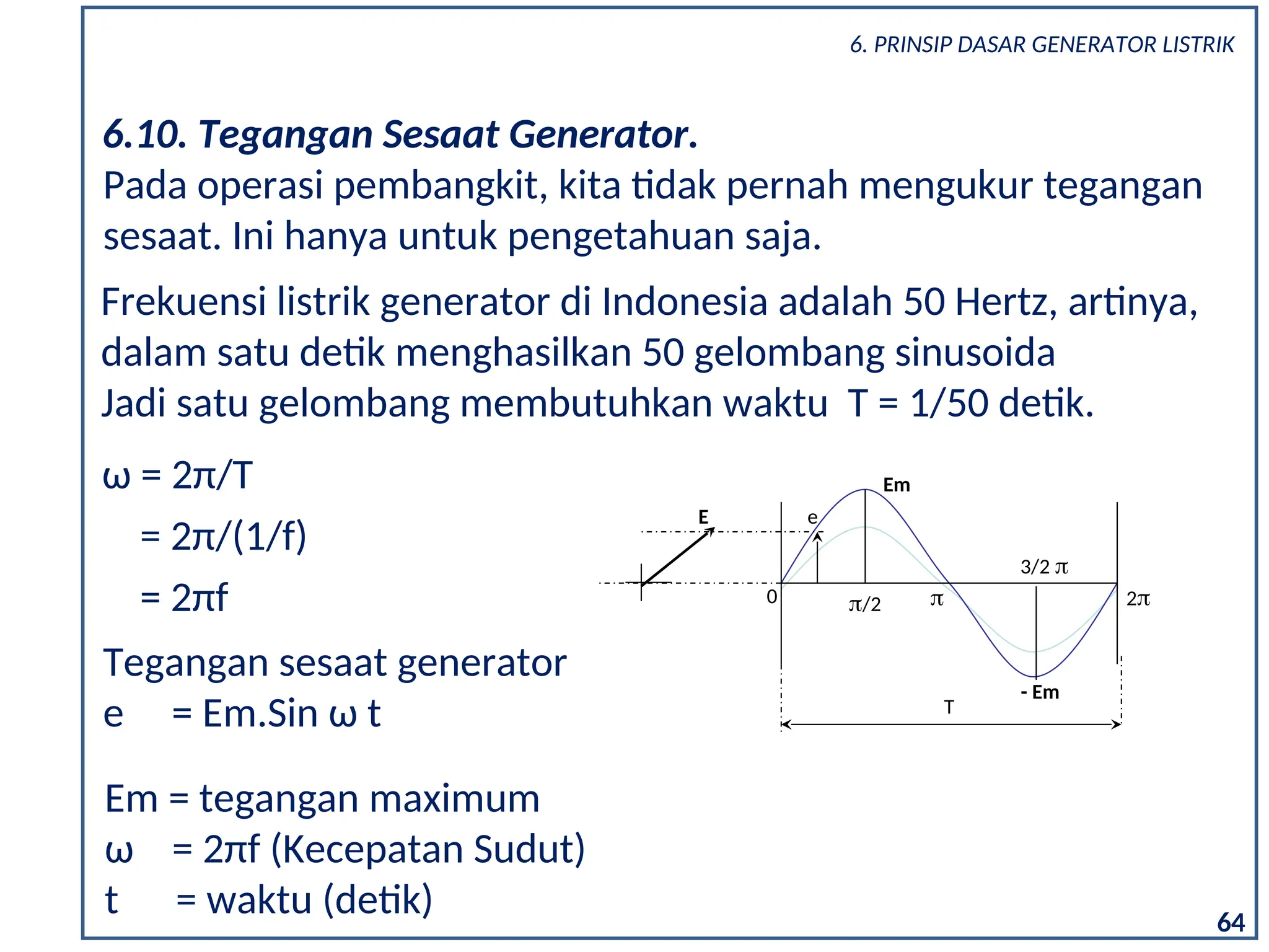 Frekuensi listrik generator di Indonesia adalah 50 Hertz, artinya,
dalam satu detik menghasilkan 50 gelombang sinusoida
Jadi satu gelombang membutuhkan waktu T = 1/50 detik.
ω = 2π/T
= 2π/(1/f)
= 2πf
Tegangan sesaat generator
e = Em.Sin ω t
Em = tegangan maximum
ω = 2πf (Kecepatan Sudut)
t = waktu (detik)
Em
/2  2
e
- Em
3/2 
T
E
0
6.10. Tegangan Sesaat Generator.
Pada operasi pembangkit, kita tidak pernah mengukur tegangan
sesaat. Ini hanya untuk pengetahuan saja.
64
6. PRINSIP DASAR GENERATOR LISTRIK
 
