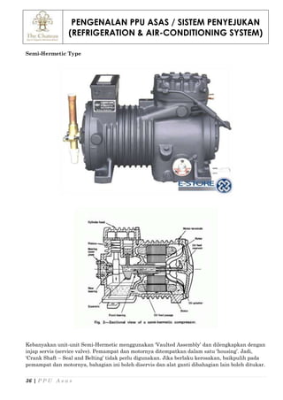 PENGENALAN PPU ASAS / SISTEM PENYEJUKAN
(REFRIGERATION & AIR-CONDITIONING SYSTEM)
36 | P P U A s a s
Semi-Hermetic Type
Kebanyakan unit-unit Semi-Hermetic menggunakan ‘Vaulted Assembly’ dan dilengkapkan dengan
injap servis (service valve). Pemampat dan motornya ditempatkan dalam satu ‘housing’. Jadi,
‘Crank Shaft – Seal and Belting’ tidak perlu digunakan. Jika berlaku kerosakan, baikpulih pada
pemampat dan motornya, bahagian ini boleh diservis dan alat ganti dibahagian lain boleh ditukar.
 