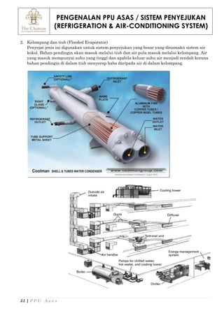 PENGENALAN PPU ASAS / SISTEM PENYEJUKAN
(REFRIGERATION & AIR-CONDITIONING SYSTEM)
51 | P P U A s a s
2. Kelompang dan tiub (Flooded Evaporator)
Penyejat jenis ini digunakan untuk sistem penyejukan yang besar yang dinamakn sistem air
kokol. Bahan pendingin akan masuk melalui tiub dan air pula masuk melalui kelompang. Air
yang masuk mempunyai suhu yang tinggi dan apabila keluar suhu air menjadi rendah kerana
bahan pendingin di dalam tiub menyerap haba daripada air di dalam kelompang.
 