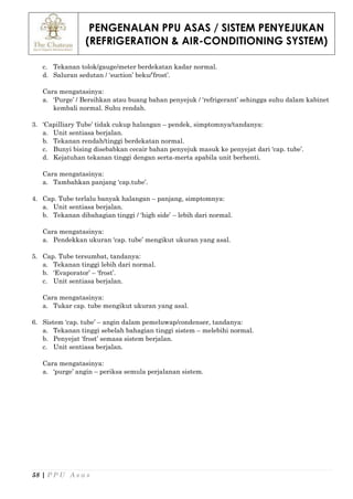 PENGENALAN PPU ASAS / SISTEM PENYEJUKAN
(REFRIGERATION & AIR-CONDITIONING SYSTEM)
58 | P P U A s a s
c. Tekanan tolok/gauge/meter berdekatan kadar normal.
d. Saluran sedutan / ‘suction’ beku/’frost’.
Cara mengatasinya:
a. ‘Purge’ / Bersihkan atau buang bahan penyejuk / ‘refrigerant’ sehingga suhu dalam kabinet
kembali normal. Suhu rendah.
3. ‘Capilliary Tube’ tidak cukup halangan – pendek, simptomnya/tandanya:
a. Unit sentiasa berjalan.
b. Tekanan rendah/tinggi berdekatan normal.
c. Bunyi bising disebabkan cecair bahan penyejuk masuk ke penyejat dari ‘cap. tube’.
d. Kejatuhan tekanan tinggi dengan serta-merta apabila unit berhenti.
Cara mengatasinya:
a. Tambahkan panjang ‘cap.tube’.
4. Cap. Tube terlalu banyak halangan – panjang, simptomnya:
a. Unit sentiasa berjalan.
b. Tekanan dibahagian tinggi / ‘high side’ – lebih dari normal.
Cara mengatasinya:
a. Pendekkan ukuran ‘cap. tube’ mengikut ukuran yang asal.
5. Cap. Tube tersumbat, tandanya:
a. Tekanan tinggi lebih dari normal.
b. ‘Evaporator’ – ‘frost’.
c. Unit sentiasa berjalan.
Cara mengatasinya:
a. Tukar cap. tube mengikut ukuran yang asal.
6. Sistem ‘cap. tube’ – angin dalam pemeluwap/condenser, tandanya:
a. Tekanan tinggi sebelah bahagian tinggi sistem – melebihi normal.
b. Penyejat ‘frost’ semasa sistem berjalan.
c. Unit sentiasa berjalan.
Cara mengatasinya:
a. ‘purge’ angin – periksa semula perjalanan sistem.
 
