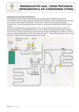 PENGENALAN PPU ASAS / SISTEM PENYEJUKAN
(REFRIGERATION & AIR-CONDITIONING SYSTEM)
78 | P P U A s a s
Melakukan kerja-kerja ‘Pump Down’
Gerakerja ‘Pump Down’ boleh dijelaskan dalam amali/praktikal. Gambarajah di bawah
menunjukkan secara ringkas bagaimana “pump down’ dilakukan. Alat ‘manifold gauge’ dipasang
seperti dalam gambarajah. Kedudukan ‘service valve’ ketika ini berada pada kedudukan
‘intermediate’, kecuali di bahagian keluar ‘condenser’ yang mana berada pada kedudukan ‘back
seated’.
Setelah sistem dihidupkan sehingga stabil, ‘service valve’ pada bahagian keluar ‘condenser’ /
pemeluwap dilaraskan pada kedudukan ‘front seated’. Bacaan tekanan pada bahagian rendah /
‘low side’ akan menurun oleh kerana semua bahan pendingin dipindahkan ke ‘condenser’. Sistem
akan dimatikan apabila bacaan tekanan rendah mencapai 1 – 2 psig. Dengan pantas ‘service valve’
di saluran sedutan dilaras pada kedudukan ‘front seated’.
 
