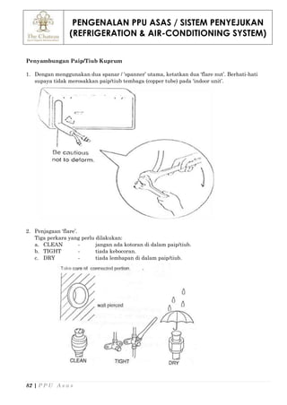 PENGENALAN PPU ASAS / SISTEM PENYEJUKAN
(REFRIGERATION & AIR-CONDITIONING SYSTEM)
82 | P P U A s a s
Penyambungan Paip/Tiub Kuprum
1. Dengan menggunakan dua spanar / ‘spanner’ utama, ketatkan dua ‘flare nut’. Berhati-hati
supaya tidak merosakkan paip/tiub tembaga (copper tube) pada ‘indoor unit’.
2. Penjagaan ‘flare’.
Tiga perkara yang perlu dilakukan:
a. CLEAN - jangan ada kotoran di dalam paip/tiub.
b. TIGHT - tiada kebocoran.
c. DRY - tiada lembapan di dalam paip/tiub.
 