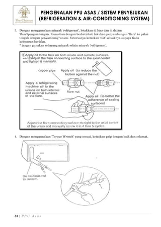PENGENALAN PPU ASAS / SISTEM PENYEJUKAN
(REFRIGERATION & AIR-CONDITIONING SYSTEM)
83 | P P U A s a s
3. Dengan menggunakan minyak ‘refrigerant’, letakkan di luar dan di dalam
‘flare’/pengembangan. Kemudian dengan berhati-hati lakukan penyambungan ‘flare’ ke paksi
tengah dengan penyambung ‘union’. Seterusnya ketatkan ‘nut’ sebaiknya supaya tiada
kebocoran berlaku.
* jangan gunakan sebarang minyak selain minyak ‘refrigerant’.
4. Dengan menggunakan ‘Torque Wrench’ yang sesuai, ketatkan paip dengan baik dan selamat.
 