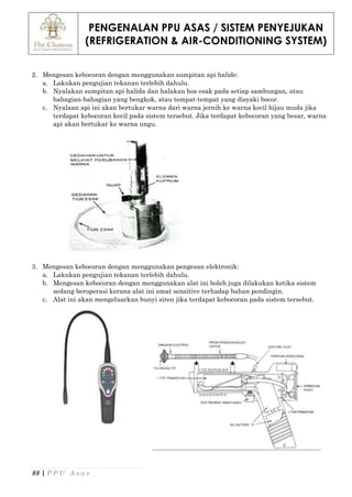 PENGENALAN PPU ASAS / SISTEM PENYEJUKAN
(REFRIGERATION & AIR-CONDITIONING SYSTEM)
88 | P P U A s a s
2. Mengesan kebocoran dengan menggunakan sumpitan api halide:
a. Lakukan pengujian tekanan terlebih dahulu.
b. Nyalakan sumpitan api halida dan halakan hos esak pada setiap sambungan, atau
bahagian-bahagian yang bengkok, atau tempat-tempat yang disyaki bocor.
c. Nyalaan api ini akan bertukar warna dari warna jernih ke warna kecil hijau muda jika
terdapat kebocoran kecil pada sistem tersebut. Jika terdapat kebocoran yang besar, warna
api akan bertukar ke warna ungu.
3. Mengesan kebocoran dengan menggunakan pengesan elektronik:
a. Lakukan pengujian tekanan terlebih dahulu.
b. Mengesan kebocoran dengan menggunakan alat ini boleh juga dilakukan ketika sistem
sedang beroperasi kerana alat ini amat sensitive terhadap bahan pendingin.
c. Alat ini akan mengeluarkan bunyi siren jika terdapat kebocoran pada sistem tersebut.
 
