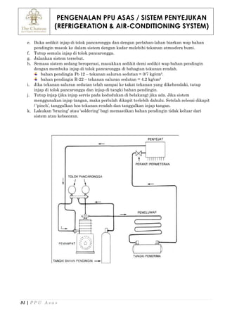PENGENALAN PPU ASAS / SISTEM PENYEJUKAN
(REFRIGERATION & AIR-CONDITIONING SYSTEM)
91 | P P U A s a s
e. Buka sedikit injap di tolok pancarongga dan dengan perlahan-lahan biarkan wap bahan
pendingin masuk ke dalam sistem dengan kadar melebihi tekanan atmosfera bumi.
f. Tutup semula injap di tolok pancarongga.
g. Jalankan sistem tersebut.
h. Semasa sistem sedang beroperasi, masukkan sedikit demi sedikit wap bahan pendingin
dengan membuka injap di tolok pancarongga di bahagian tekanan rendah.
bahan pendingin Ft-12 – tekanan saluran sedutan = 0/7 kg/cm².
bahan pendingin R-22 – tekanan saluran sedutan = 4.2 kg/cm²
i. Jika tekanan saluran sedutan telah sampai ke takat tekanan yang dikehendaki, tutup
injap di tolok pancarongga dan injap di tangki bahan pendingin.
j. Tutup injap (jika injap servis pada kedudukan di belakang) jika ada. Jika sistem
menggunakan injap tangan, maka perlulah dikapit terlebih dahulu. Setelah selesai dikapit
/ ‘pinch’, tanggalkan hos tekanan rendah dan tanggalkan injap tangan.
k. Lakukan ‘brazing’ atau ‘soldering’ bagi memastikan bahan pendingin tidak keluar dari
sistem atau kebocoran.
 