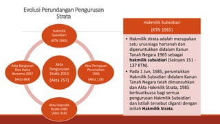 Evolusi Perundangan Pengurusan
Strata
Akta
Pengurusan
Strata 2013
(Akta 757)
Hakmilik
Subsidiari
(KTN 1965)
Akta Pemajuan
Perumahan
1966
(Akta 118)
Akta Hakmilik
Strata 1985
(Akta 318)
Akta Bangunan
Dan Harta
Bersama 2007
(Akta 663)
Hakmilik Subsidiari
(KTN 1965)
• Hakmilik strata adalah merupakan
satu urusniaga hartanah dan
diperuntukkan didalam Kanun
Tanah Negara 1965 sebagai
hakmilik subsidiari (Seksyen 151 -
137 KTN).
• Pada 1 Jun, 1985, peruntukkan
Hakmilik Subsidiari didalam Kanun
Tanah Negara telah dimansuhkan
dan Akta Hakmilik Strata, 1985
berkuatkuasa bagi semua
pengurusan Hakmilik Subsidiari
dan istilah tersebut diganti dengan
istilah Hakmilik Strata.
 
