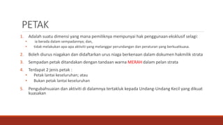 PETAK
1. Adalah suatu dimensi yang mana pemiliknya mempunyai hak penggunaan eksklusif selagi:
• ia berada dalam sempadannya; dan,
• tidak melakukan apa-apa aktiviti yang melanggar perundangan dan peraturan yang berkuatkuasa.
2. Boleh diurus niagakan dan didaftarkan urus niaga berkenaan dalam dokumen hakmilik strata
3. Sempadan petak ditandakan dengan tandaan warna MERAH dalam pelan strata
4. Terdapat 2 jenis petak :
• Petak lantai keseluruhan; atau
• Bukan petak lantai keseluruhan
5. Pengubahsuaian dan aktiviti di dalamnya tertakluk kepada Undang-Undang Kecil yang dikuat
kuasakan
 