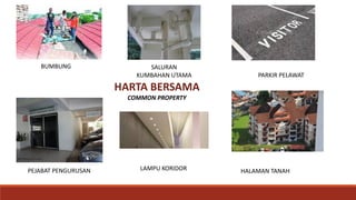 HARTA BERSAMA
COMMON PROPERTY
BUMBUNG
PEJABAT PENGURUSAN LAMPU KORIDOR
SALURAN
KUMBAHAN UTAMA PARKIR PELAWAT
HALAMAN TANAH
 