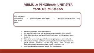 1. Keluasan dinyatakan dalam meter persegi;
2. FP1 ialah faktor pemberat bagi jenis petak yang dinyatakan dalam Jadual 1;
3. Ialah faktor pemberat bagi petak lantai keseluruhan yang dinyatakan dalam
Jadual 2;
4. Ialah faktor pemberat bagi petak aksesori yang dinyatakan dalam Jadual 3;
5. Jika terdapat terdapat lebih daripada satu petak aksesori, komponen formula
petak aksesori hendaklah terpakai bagi setiap petak aksesori dan
kemudiannya hendaklah ditambahkan kepada formula itu; dan
6. Unit syer hendaklah dinyatakan sebagai satu nombor bulat.
Unit syer yang
diumpukkan
bagi suatu
petak
(keluasan petak X FP1 X FP2) (keluasan petak aksesori X FP3)= +
 