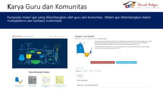 Karya Guru dan Komunitas
Kumpulan materi ajar yang dikembangkan oleh guru dan komunitas. Materi ajar dikembangkan dalam
multiplatform dan berbasis multimedia
 