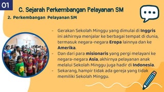 C. Sejarah Perkembangan Pelayanan SM
2. Perkembangan Pelayanan SM
01
- Gerakan Sekolah Minggu yang dimulai di Inggris
ini akhirnya menjalar ke berbagai tempat di dunia,
termasuk negara-negara Eropa lainnya dan ke
Amerika.
- Dan dari para misionaris yang pergi melayani ke
negara-negara Asia, akhirnya pelayanan anak
melalui Sekolah Minggu juga hadir di Indonesia.
- Sekarang, hampir tidak ada gereja yang tidak
memiliki Sekolah Minggu.
 