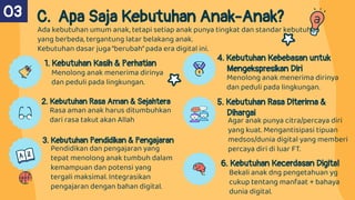 1. Kebutuhan Kasih & Perhatian
4. Kebutuhan Kebebasan untuk
Mengekspresikan Diri
2. Kebutuhan Rasa Aman & Sejahtera
3. Kebutuhan Pendidikan & Pengajaran
6. Kebutuhan Kecerdasan Digital
5. Kebutuhan Rasa Diterima &
Dihargai
C. Apa Saja Kebutuhan Anak-Anak?
03
Ada kebutuhan umum anak, tetapi setiap anak punya tingkat dan standar kebutuhan
yang berbeda, tergantung latar belakang anak.
Kebutuhan dasar juga “berubah” pada era digital ini.
Menolong anak menerima dirinya
dan peduli pada lingkungan.
Rasa aman anak harus ditumbuhkan
dari rasa takut akan Allah
Pendidikan dan pengajaran yang
tepat menolong anak tumbuh dalam
kemampuan dan potensi yang
tergali maksimal. Integrasikan
pengajaran dengan bahan digital.
Menolong anak menerima dirinya
dan peduli pada lingkungan.
Agar anak punya citra/percaya diri
yang kuat. Mengantisipasi tipuan
medsos/dunia digital yang memberi
percaya diri di luar FT.
Bekali anak dng pengetahuan yg
cukup tentang manfaat + bahaya
dunia digital.
 