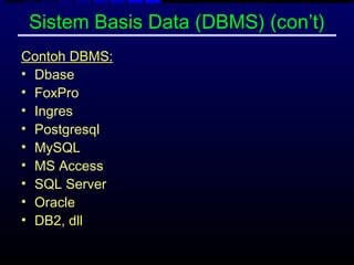 Sistem Basis Data (DBMS) (con’t)
Contoh DBMS:
• Dbase
• FoxPro
• Ingres
• Postgresql
• MySQL
• MS Access
• SQL Server
• Oracle
• DB2, dll
 