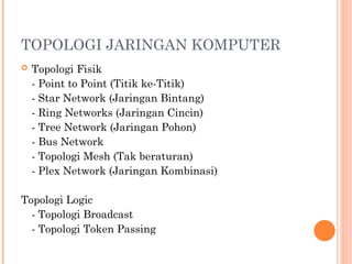 TOPOLOGI JARINGAN KOMPUTER
 Topologi Fisik
- Point to Point (Titik ke-Titik)
- Star Network (Jaringan Bintang)
- Ring Networks (Jaringan Cincin)
- Tree Network (Jaringan Pohon)
- Bus Network
- Topologi Mesh (Tak beraturan)
- Plex Network (Jaringan Kombinasi)
Topologi Logic
- Topologi Broadcast
- Topologi Token Passing
 
