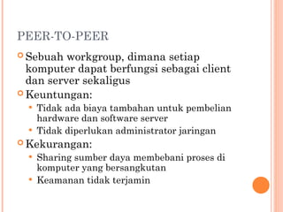 PEER-TO-PEER
 Sebuah workgroup, dimana setiap
komputer dapat berfungsi sebagai client
dan server sekaligus
 Keuntungan:
 Tidak ada biaya tambahan untuk pembelian
hardware dan software server
 Tidak diperlukan administrator jaringan
 Kekurangan:
 Sharing sumber daya membebani proses di
komputer yang bersangkutan
 Keamanan tidak terjamin
 