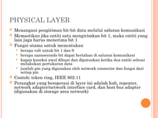 PHYSICAL LAYER
 Menangani pengiriman bit-bit data melalui saluran komunikasi
 Memastikan jika entiti satu mengirimkan bit 1, maka entiti yang
lain juga harus menerima bit 1
 Fungsi utama untuk menentukan
 berapa volt untuk bit 1 dan 0
 berapa nanoseconds bit dapat bertahan di saluran komunikasi
 kapan koneksi awal dibuat dan diputuskan ketika dua entiti selesai
melakukan pertukaran data
 jumlah pin yang digunakan oleh network connector dan fungsi dari
setiap pin
 Contoh: token ring, IEEE 802.11
 Perangkat yang beroperasi di layer ini adalah hub, repeater,
network adapter/network interface card, dan host bus adapter
(digunakan di storage area network)
 