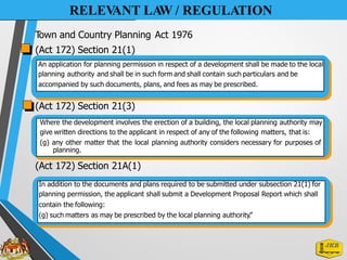 RELEV
ANT LA
W / REGULATION
T
own and Country Planning Act 1976
(Act 172) Section 21(1)
(Act 172) Section 21(3)
planning.
(Act 172) Section 21A(1)
In addition to the documents and plans required to be submitted under subsection 21(1) for
planning permission, the applicant shall submit a Development Proposal Report which shall
contain the following:
(g) such matters as may be prescribed by the local planning authority.”
Where the development involves the erection of a building, the local planning authority may
give written directions to the applicant in respect of any of the following matters, that is:
(g) any other matter that the local planning authority considers necessary for purposes of
An application for planning permission in respect of a development shall be made to the local
planning authority and shall be in such form and shall contain such particulars and be
accompanied by such documents, plans, and fees as may be prescribed.
 