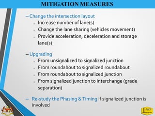 MITIGATION MEASURES
– Change the intersection layout
o Increase number of lane(s)
o Change the lane sharing (vehicles movement)
o Provide acceleration, deceleration and storage
lane(s)
– Upgrading
o From unsignalized to signalized junction
o From roundabout to signalized roundabout
o From roundabout to signalized junction
o From signalized junction to interchange (grade
separation)
– Re-study the Phasing &Timing if signalized junction is
involved
 