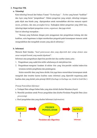 2. Pengertian TIK
a. Teknologi
Kata teknologi berasal dari bahasa Yunani “Technologia“ . Techne yang berarti “keahlian”
dan logia yang berari “pengetahuan”. Dalam pengertian yang sempit, teknologi mengacu
pada objek atau benda yang dipergunakan untuk memudahkan aktivitas manusia seperti
mesin, perkakas, dan atau perangkat keras. Sedangkan dalam pengertian yang lebih luas,
teknologi dapat meliputi pengertian sistem, organisasi, dan juga teknik.
Saat ini teknologi merupakan :
“Konsep yang berkaitan dengan jenis penggunaan dan pengetahuan tentang alat dan
keahlian, serta bagaimana ia dapat memberikan pengaruh pada kemampuan manusia untuk
mengendalikan dan mengubah sesuatu yang ada di sekitarnya”.
b. Informasi
Menurut Budi Sutedjo, “hasil pemrosesan data yang diperoleh dari setiap elemen atau
unsur menjadi bentuk yang mudah dipahami”.
Informasi atau pengetahuan dapat kita peroleh dari dua sumber utama yaitu :
1. Pengetahuan yang sudah kita miliki sebelumnya di otak/pikiran kita
2. Pengetahuan mengenai keadaan di sekitar kita yang kita peroleh melalui indera kita
terutama melalui penglihatan dan pendengaran.
Selain memiliki data yang harus diolah, kita juga harus memerlukan kemampuan untuk
mengolah data tersebut karena kualitas suatu informasi yang diperoleh tergantung pada
kualitas data yang diolah yaitu prinsip GIGO (Garbage in Garbage out, Gold in Gold Out )
.
Prinsip Pemrolehan Informasi
a. Terdapat Data sebagai bahan baku yang akan diolah disebut Masukan (Input)
b. Memiliki peralatan untuk Proses pengolahan data disebut Peralatan Pengolah Data (data
processing)
c. Hasil pengolahan data yang disebut Informasi (information)
INPUT OUTPUT
PROSES
PENGOLAHAN
InfomasiData Peralatan dan Algoritma
 