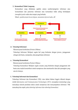 2. Komunikasi Tidak Langsung
Komunikasi yang dilakukan apabila antara sumber/pengirim informasi atau
komunikator dan penerima informasi atau komunikan tidak saling berhadapan
(mungkin) pada waktu dan tempat yang berbeda.
Misal : pembicaraan lewat telepon, menonton televisi/radio, dll
d. Teknologi Informasi
Menurut pusat kurikulum (Puskur) Diknas :
Teknologi Informasi Meliputi segala hal yang berkaitan dengan proses, penggunaan
sebagai alat bantu, manipulasi, dan pengelolaan informasi.
e. Teknologi Komunikasi
Menurut pusat kurikulum (Puskur) Diknas :
Teknologi Komunikasi Meliputi segala sesuatu yang berkaitan dengan penggunaan alat
bantu atau media komunikasi untuk memproses dan mentransfer data dari perangkat yang
satu ke lainnya.
f. Teknologi Informasi dan Komunikasi
Teknologi Informasi dan Komunikasi (TIK), atau dalam bahasa Inggris dikenal dengan
istilah Information and Communication Technologies (ICT), merupakan terminologi yang
mencakup seluruh peralatan teknis untuk memproses dan menyampaikan informasi. TIK
mencakup dua aspek yaitu teknologi informasi dan teknologi komunikasi.
SOURCE RECEIVERCHANNEL
FEEDBACK
Penerima pesan/Informasi
(komunikator/receiver)
Sumber pesan/informasi
(komunikator/transmitter)
Media atau perantara
(alat/teknologi/udara/sinyal)
Reaksi Penerima Pesan/Informasi
(respon/umpan balik)
 