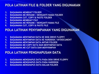 POLA LATIHAN FILE & FOLDER YANG DIGUNAKAN BAGAIMANA MEMBUAT FOLDER BAGAIMANA ME-RENAME / MENGANTI NAMA FOLDER BAGAIMANA CUT, COPY & PASTE FOLDER BAGAIMANA MEMBUAT FILE BAGAIMANA ME-RENAME / MENGANTI NAMA FILE BAGAIMANA CUT, COPY & PASTE FILE POLA LATIHAN PENYIMPANAN YANG DIGUNAKAN BAGAIMANA MENYIMPAN DATA KE DISK DRIVE FLOPPY BAGAIMANA MENYIMPAN DATA KE HARDDISK / MYDOCUMENT BAGAIMANA MENYIMPAN DATA ANTAR FOLDER BAGAIMANA ME-COPY DATA DAN MENYIMPAN DATA BAGAIMANA ME-CUT DATA DAN MENYIKMPAN POLA LATIHAN PENGHAPUSAN DATA BAGAIMANA MENGHAPUS DATA PADA DISK DRIVE FLOPPY BAGAIMANA MENGHAPUS DATA PADA HARDDISK BAGAIMANA MENGHAPUS DATA DALAM FOLDER 