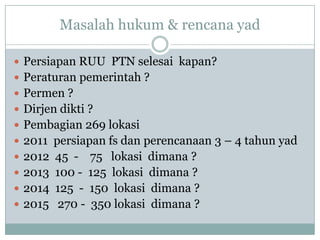 Masalah hukum & rencana yad

 Persiapan RUU PTN selesai kapan?
 Peraturan pemerintah ?
 Permen ?
 Dirjen dikti ?
 Pembagian 269 lokasi
 2011 persiapan fs dan perencanaan 3 – 4 tahun yad
 2012 45 -  75 lokasi dimana ?
 2013 100 - 125 lokasi dimana ?
 2014 125 - 150 lokasi dimana ?
 2015 270 - 350 lokasi dimana ?
 