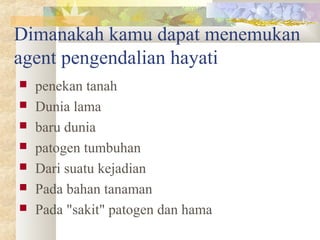 Dimanakah kamu dapat menemukan
agent pengendalian hayati
 penekan tanah
 Dunia lama
 baru dunia
 patogen tumbuhan
 Dari suatu kejadian
 Pada bahan tanaman
 Pada "sakit" patogen dan hama
 