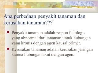Apa perbedaan penyakit tanaman dan
kerusakan tanaman???
 Penyakit tanaman adalah respon fisiologis
yang abnormal dari tanaman untuk hubungan
yang kronis dengan agen kausal primer.
 Kerusakan tanaman adalah kerusakan jaringan
karena hubungan akut dengan agen.
 