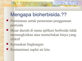 Mengapa bioherbisida.??
 Permintaan untuk penurunan penggunaan
pestisida
 Besar daerah di mana aplikasi herbisida tidak
memungkinkan atau memerlukan biaya yang
efektif
 Kerusakan lingkungan
 Kontaminasi suplai air kita
 