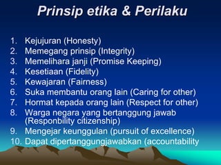 Prinsip etika & Perilaku
1. Kejujuran (Honesty)
2. Memegang prinsip (Integrity)
3. Memelihara janji (Promise Keeping)
4. Kesetiaan (Fidelity)
5. Kewajaran (Fairness)
6. Suka membantu orang lain (Caring for other)
7. Hormat kepada orang lain (Respect for other)
8. Warga negara yang bertanggung jawab
(Responbility citizenship)
9. Mengejar keunggulan (pursuit of excellence)
10. Dapat dipertanggungjawabkan (accountability
 