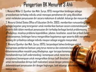 Pengertian BK Menurut 3 Ahli
1. Menurut Miller (I. Djumhur dan Moh. Surya, 1975) mengartikan bimbingan sebagai
prosesbantuan terhadap individu untuk mencapai pemahaman diri yang dibutuhkan
untuk melakukan penyesuaian diri secara maksimum di sekolah, keluarga dan masyarakat.
2. Menurut United States Office of Education (Arifin, 2003), memberikan rumusanbimbingan
sebagai kegiatan yang terorganisir untuk memberikan bantuan secara sistematiskepada
peserta didik dalam membuat penyesuaian diri terhadap berbagai bentuk problemayang
dihadapinya, misalnya problema kependidikan, jabatan, kesehatan, sosial dan pribadi.Dalam
pelaksanaannya, bimbingan harus mengarahkan kegiatannya agar peserta didik mengetahui
tentang diri pribadinya sebagai individu maupun sebagai anggota masyarakat.
3. Menurut Djumhur dan Moh. Surya, (1975), berpendapat bahwa bimbingan adalah
suatuproses pemberian bantuan yang terus menerus dan sistematis kepada individu
dalammemecahkan masalah yang dihadapinya, agar tercapai kemampuan untuk dapat
memahamidirinya (self understanding), kemampuan untuk menerima dirinya (self
acceptance),kemampuan untuk mengarahkan dirinya (self direction) dan kemampuan
untuk merealisasikan dirinya (self realization) sesuai dengan potensi atau kemampuannya
dalammencapai penyesuaian diri dengan lingkungan, baik keluarga, sekolah dan
masyarakat.

 