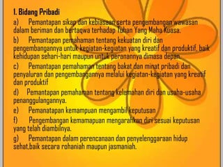 1. Bidang Pribadi
a) Pemantapan sikap dan kebiasaan serta pengembangan wawasan
dalam beriman dan bertaqwa terhadap Tuhan Yang Maha Kuasa.
b) Pemantapan pemahaman tentang kekuatan diri dan
pengembangannya untuk kegiatan-kegiatan yang kreatif dan produktif, baik
kehidupan sehari-hari maupun untuk peranannya dimasa depan.
c) Pemantapan pemahaman tentang bakat dan minat pribadi dan
penyaluran dan pengembangannya melalui kegiatan-kegiatan yang kreatif
dan produktif
d) Pemantapan pemahaman tentang kelemahan diri dan usaha-usaha
penanggulangannya.
e) Pemanatapan kemampuan mengambil keputusan
f) Pengembangan kemamapuan mengarahkan diri sesuai keputusan
yang telah diambilnya.
g) Pemantapan dalam perencanaan dan penyelenggaraan hidup
sehat,baik secara rohaniah maupun jasmaniah.

 