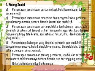 2. Bidang Sosial
a) Pemantapan kemampuan berkomunikasi, baik lisan maupun tulisan
secara efektif
b) Pemantapan kemampuan menerima dan mengemukakan pendapat
serta berargumentasi secara dinamis kreatif dan produktif.
c) Pemantapan kemampuan bertingkah laku dan hubungan sosial, baik
di rumah, di sekolah, di tempat latihan maupun dimasyarakat luas dengan
menjunjung tinggi tata krama, adat istiadat, hukum, ilmu dan kebiasaan
yang berlaku.
d) Pemanatapan hubungan yang dinamis, harmonis dan produktif
dengan teman sebaya, baik di sekolah yang sama, di sekolah lain, diluar
sekolah, maupun dimasyarakat.
e) Pemantapan pemahaman tentang peraturan, kondisi dan sekolah
serta upaya pelaksanaannya secara dinamis dan bertanggung jawab.
f) Orientasi tentang hidup berkeluarga.

 