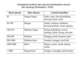 Berat (gram) Klas ukuran Contoh komoditas
50 Sangat ringan Duku, asam, duwet/jamblang,
bawang merah, cabai
50-100 Ringan Jambu, markisa, rambutan,
bawang bombay, tomat, paprika
100-250 Medium ringan Pisang, belimbing, wortel,
kentang, lobak, terong, ubi jalar
250-500 Medium Mangga, jeruk, ketimun, paria
500-1000 Medium berat Apokad, mangga, jeruk bali
1000-5000 Berat Papaya, nenas, sirsak, durian,
melon
> 5000 Sangat berat Nangka, semangka, labu kuning
Keragaman buahan dan sayuran berdasarkan ukuran
dan beratnya (Pantastico, 1975).
 
