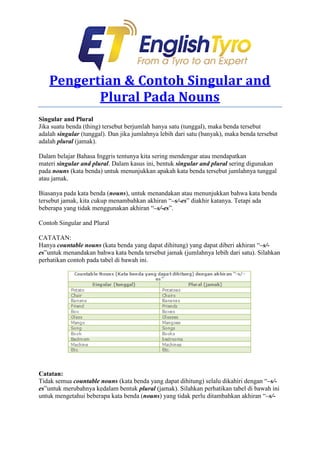 Pengertian & Contoh Singular and
Plural Pada Nouns
Singular and Plural
Jika suatu benda (thing) tersebut berjumlah hanya satu (tunggal), maka benda tersebut
adalah singular (tunggal). Dan jika jumlahnya lebih dari satu (banyak), maka benda tersebut
adalah plural (jamak).
Dalam belajar Bahasa Inggris tentunya kita sering mendengar atau mendapatkan
materi singular and plural. Dalam kasus ini, bentuk singular and plural sering digunakan
pada nouns (kata benda) untuk menunjukkan apakah kata benda tersebut jumlahnya tunggal
atau jamak.
Biasanya pada kata benda (nouns), untuk menandakan atau menunjukkan bahwa kata benda
tersebut jamak, kita cukup menambahkan akhiran “–s/-es” diakhir katanya. Tetapi ada
beberapa yang tidak menggunakan akhiran “–s/-es”.
Contoh Singular and Plural
CATATAN:
Hanya countable nouns (kata benda yang dapat dihitung) yang dapat diberi akhiran “–s/-
es”untuk menandakan bahwa kata benda tersebut jamak (jumlahnya lebih dari satu). Silahkan
perhatikan contoh pada tabel di bawah ini.
Catatan:
Tidak semua countable nouns (kata benda yang dapat dihitung) selalu dikahiri dengan “–s/-
es”untuk merubahnya kedalam bentuk plural (jamak). Silahkan perhatikan tabel di bawah ini
untuk mengetahui beberapa kata benda (nouns) yang tidak perlu ditambahkan akhiran “–s/-
 