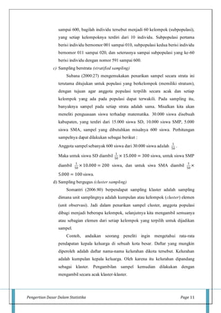 Pengertian Dasar Dalam Statistika Page 11
sampai 600, bagilah individu tersebut menjadi 60 kelompok (subpopulasi),
yang setiap kelompoknya terdiri dari 10 individu. Subpopulasi pertama
berisi individu bernomor 001 sampai 010, subpopulasi kedua berisi individu
bernomor 011 sampai 020, dan seterusnya sampai subpopulasi yang ke-60
berisi individu dengan nomor 591 sampai 600.
c) Sampling berstrata (stratified sampling)
Subana (2000:27) mengemukakan penarikan sampel secara strata ini
terutama ditujukan untuk populasi yang berkelompok (memiliki stratum),
dengan tujuan agar anggota populasi terpilih secara acak dan setiap
kelompok yang ada pada populasi dapat terwakili. Pada sampling itu,
banyaknya sampel pada setiap strata adalah sama. Misalkan kita akan
meneliti penguasaan siswa terhadap matematika. 30.000 siswa disebuah
kabupaten, yang terdiri dari 15.000 siswa SD, 10.000 siswa SMP, 5.000
siswa SMA, sampel yang dibutuhkan misalnya 600 siswa. Perhitungan
sampelnya dapat dilakukan sebagai berikut :
Anggota sampel sebanyak 600 siswa dari 30.000 siswa adalah
1
50
.
Maka untuk siswa SD diambil
1
50
× 15.000 = 300 siswa, untuk siswa SMP
diambil
1
50
× 10.000 = 200 siswa, dan untuk siwa SMA diambil
1
50
×
5.000 = 100 siswa.
d) Sampling bergugus (cluster sampling)
Somantri (2006:80) berpendapat sampling klaster adalah sampling
dimana unit samplingnya adalah kumpulan atau kelompok (cluster) elemen
(unit observasi). Jadi dalam penarikan sampel cluster, anggota populasi
dibagi menjadi beberapa kelompok, selanjutnya kita mengambil semuanya
atau sebagian elemen dari setiap kelompok yang terpilih untuk dijadikan
sampel.
Contoh, andaikan seorang peneliti ingin mengetahui rata-rata
pendapatan kepala keluarga di sebuah kota besar. Daftar yang mungkin
diperoleh adalah daftar nama-nama kelurahan dikota tersebut. Kelurahan
adalah kumpulan kepala keluarga. Oleh karena itu kelurahan dipandang
sebagai klaster. Pengambilan sampel kemudian dilakukan dengan
mengambil secara acak klaster-klaster.
 