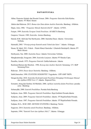 Pengertian Dasar Dalam Statistika Page 14
DAFTAR PUSTAKA
Akbar, Purnomo Setiady dan Husaini Usman. 2006. Pengantar Statistika Edisi Kedua.
Jakarta : PT Bumi Aksara
Akdon dan Riduwan .2013. Rumus dan Data dalam Analisis Statistika. Bandung : Alfabeta.
Dajan, Anto, 1986. “Pengantar Metode Statistik Jilid II”. Jakarta : LP3ES .
Furqon. 1999. Statistika Terapan Untuk Penelitian. AFABETA:Bandung
Gaspersz, Vincent. 1989. Statistika. Armico:Bandung
Hamid, H.M. Akib dan Nar Herrhyanto. 2008. Statistika Dasar. Jakarta : Universitas
Terbuka.
Harinaldi, 2005. “Prinsip-prinsip Statistik untuk Teknik dan Sains”. Jakarta : Erlangga.
Hasan, M. Iqbal. 2011. Pokok – Pokok Materi Statistika 1 (Statistik Deskriptif). Jakarta :PT
Bumi Aksara
Herrhyanto, Nar. 2008. Statistika Dasar. Jakarta: Universitas Terbuka.
Mangkuatmodjo, Soegyarto. 2004. Statistika Lanjutan. Jakarta: PT Rineka Cipta.
Pasaribu, Amudi. 1975. Pengantar Statistik. Gahlia Indonesia : Jakarta
Rachman,Maman dan Muchsin . 1996. Konsep dan Analisis Statistik. Semarang : CV. IKIP
Semarang Press
Riduwan . 2010. Dasar-dasar Statistika. Bandung : Alfabeta.
Saleh,Samsubar. 1998. STATISTIK DESKRIPTIP. Yogyakarta : UPP AMP YKPN.
Siregar,Syofian. 2010. Statistika Deskriptif untuk Penelitian Dilengkapi Perhitungan Manual
dan Aplikasi SPSS Versi 17. Jakarta : Rajawali Pers.
Somantri, Ating dan Sambas Ali Muhidin. 2006. Aplikasi statistika dalam Penelitian. pustaka
ceria : Bandung
Subana,dkk. 2000. Statistik Pendidikan. Pustaka Setia:Bandung
Sudijono, Anas. 2008. Pengantar Statistik Pendidikan. Raja Grafindo Persada.Jakarta
Sudijono, Anas. 2009. Pengantar Statistik Pendidikan. Jakarta : PT RajaGrafindo Persada.
Sudijono, Anas. 1987. Pengantar Statistik Pendidikan. Jakarta : PT RajaGrafindo Persada.
Sudjana, M.A., M.SC.2005. METODE STATISTIKA. Bandung: Tarsito
Sugiyono. 2014. Statistika untuk Penelitian. Bandung : Alfabeta.
Supranto, 1994. “Statistik Teori dan Aplikasi Jilid 2”. Jakarta : Erlangga.
 