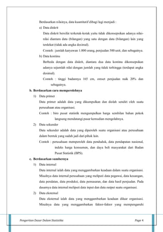 Pengertian Dasar Dalam Statistika Page 4
Berdasarkan nilainya, data kuantitatif dibagi lagi menjadi :
a) Data diskrit
Data diskrit bersifat terkotak-kotak yaitu tidak dikonsepsikan adanya nilai-
nilai diantara data (bilangan) yang satu dengan data (bilangan) lain yang
terdekat (tidak ada angka desimal).
Contoh : jumlah karyawan 1.000 orang, penjualan 500 unit, dan sebagainya.
b) Data kontinu
Berbeda dengan data diskrit, diantara dua data kontinu dikonsepsikan
adanya sejumlah nilai dengan jumlah yang tidak terhingga (terdapat angka
desimal).
Contoh : tinggi badannya 165 cm, omset penjualan naik 20% dan
sebagainya.
b. Berdasarkan cara memperolehnya
1) Data primer
Data primer adalah data yang dikumpulkan dan diolah sendiri oleh suatu
perusahaan atau organisasi.
Contoh : biro pusat statistik mengumpulkan harga sembilan bahan pokok
langsung mendatangi pasar kemudian mengolahnya.
2) Data sekunder
Data sekunder adalah data yang diperoleh suatu organisasi atau perusahaan
dalam bentuk yang sudah jadi dari pihak lain.
Contoh : perusahaan memperoleh data penduduk, data pendapatan nasional,
indeks harga konsumen, dan daya beli masyarakat dari Badan
Pusat Statistik (BPS).
c. Berdasarkan sumbernya
1) Data internal
Data internal ialah data yang menggambarkan keadaan dalam suatu organisasi.
Misalnya data internal perusahaan yang meliputi data pegawai, data keuangan,
data peralatan, data produksi, data pemasaran, dan data hasil penjualan. Pada
dasarnya data internal meliputi data input dan data output suatu organisasi.
2) Data eksternal
Data eksternal ialah data yang menggambarkan keadaan diluar organisasi.
Misalnya data yang menggambarkan faktor-faktor yang mempengaruhi
 