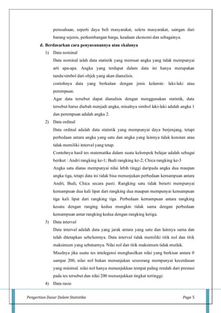Pengertian Dasar Dalam Statistika Page 5
perusahaan, seperti daya beli masyarakat, selera masyarakat, saingan dari
barang sejenis, perkembangan harga, keadaan ekonomi dan sebagainya.
d. Berdasarkan cara penyusunannya atau skalanya
1) Data nominal
Data nominal ialah data statistik yang memuat angka yang tidak mempunyai
arti apa-apa. Angka yang terdapat dalam data ini hanya merupakan
tanda/simbol dari objek yang akan dianalisis.
contohnya data yang berkaitan dengan jenis kelamin: laki-laki atau
perempuan.
Agar data tersebut dapat dianalisis dengan menggunakan statistik, data
tersebut harus diubah menjadi angka, misalnya simbol laki-laki adalah angka 1
dan perempuan adalah angka 2.
2) Data ordinal
Data ordinal adalah data statistik yang mempunyai daya berjenjang, tetapi
perbedaan antara angka yang satu dan angka yang lainnya tidak konstan atau
tidak memiliki interval yang tetap.
Contohnya hasil tes matematika dalam suatu kelompok belajar adalah sebagai
berikut : Andri rangking ke-1; Budi rangking ke-2; Chica rangking ke-3
Angka satu diatas mempunyai nilai lebih tinggi daripada angka dua maupun
angka tiga, tetapi data ini tidak bisa menunjukan perbedaan kemampuan antara
Andri, Budi, Chica secara pasti. Rangking satu tidak berarti mempunyai
kemampuan dua kali lipat dari rangking dua maupun mempunyai kemampuan
tiga kali lipat dari rangking tiga. Perbedaan kemampuan antara rangking
kesatu dengan ranging kedua mungkin tidak sama dengan perbedaan
kemampuan antar rangking kedua dengan rangking ketiga.
3) Data interval
Data interval adalah data yang jarak antara yang satu dan lainnya sama dan
telah ditetapkan sebelumnya. Data interval tidak memiliki titik nol dan titik
maksimum yang sebenarnya. Nilai nol dan titik maksimum tidak mutlak.
Misalnya jika suatu tes intelegensi menghasilkan nilai yang berkisar antara 0
sampai 200, nilai nol bukan menunjukan seseorang mempunyai kecerdasan
yang minimal. nilai nol hanya menunjukkan tempat paling rendah dari prestasi
pada tes tersebut dan nilai 200 menunjukkan tingkat tertinggi.
4) Data rasio
 