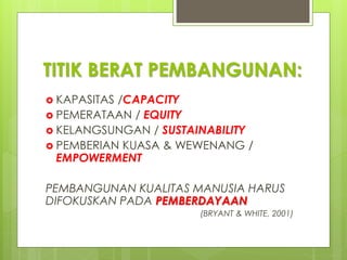 TITIK BERAT PEMBANGUNAN: 
 KAPASITAS /CAPACITY 
 PEMERATAAN / EQUITY 
 KELANGSUNGAN / SUSTAINABILITY 
 PEMBERIAN KUASA & WEWENANG / 
EMPOWERMENT 
PEMBANGUNAN KUALITAS MANUSIA HARUS 
DIFOKUSKAN PADA PEMBERDAYAAN 
(BRYANT & WHITE, 2001) 
 